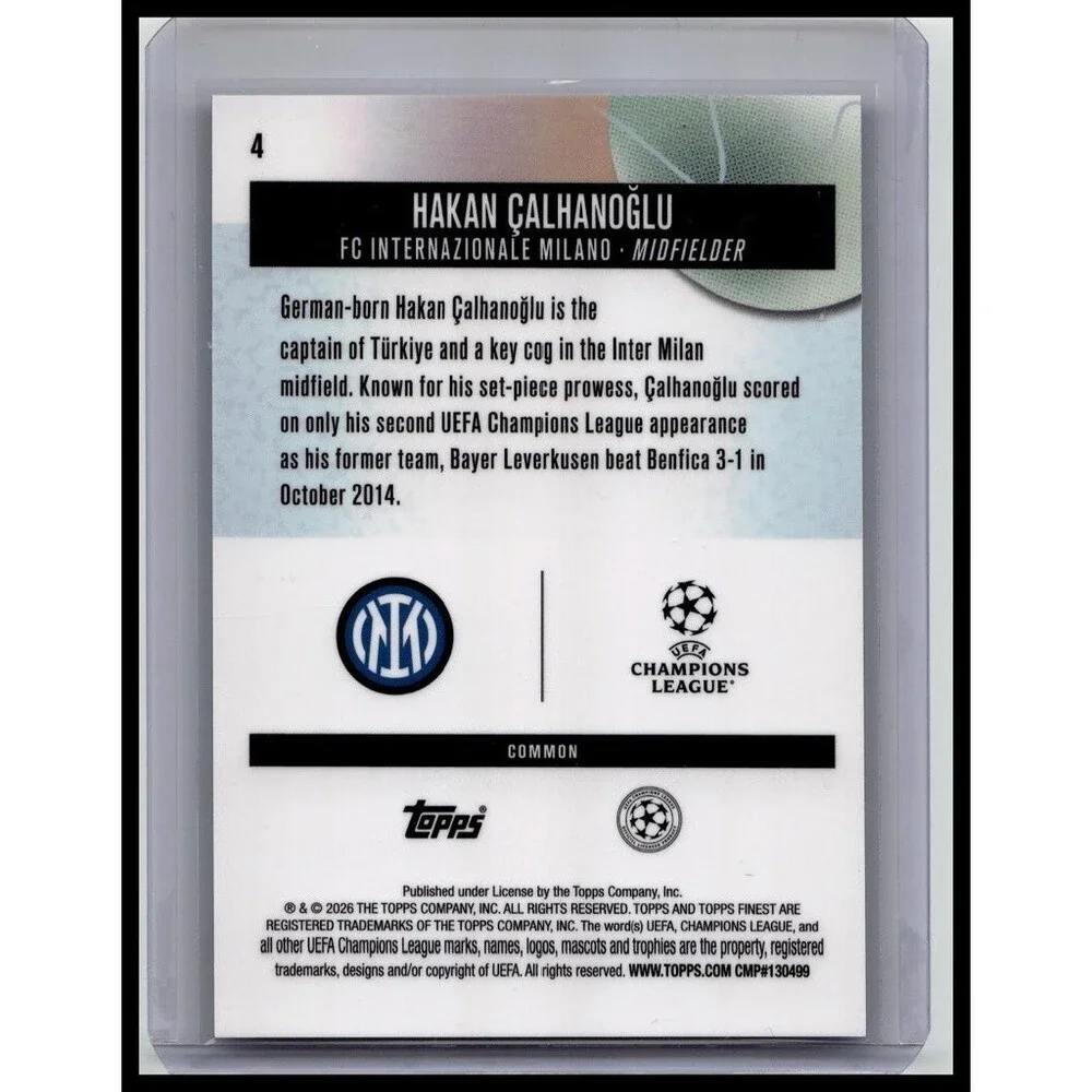 2026 Topps Finest UEFA #4 Hakan Çalhanoğlu FC Internazionale Blue Refractor/200